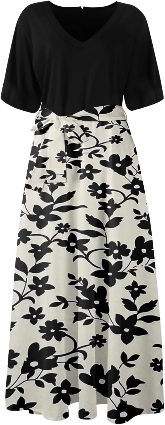 ZEFOTIM Long Flowy Dresses for Women Party Floral Dress Short Sleeve V Neck Dresses with Slit
