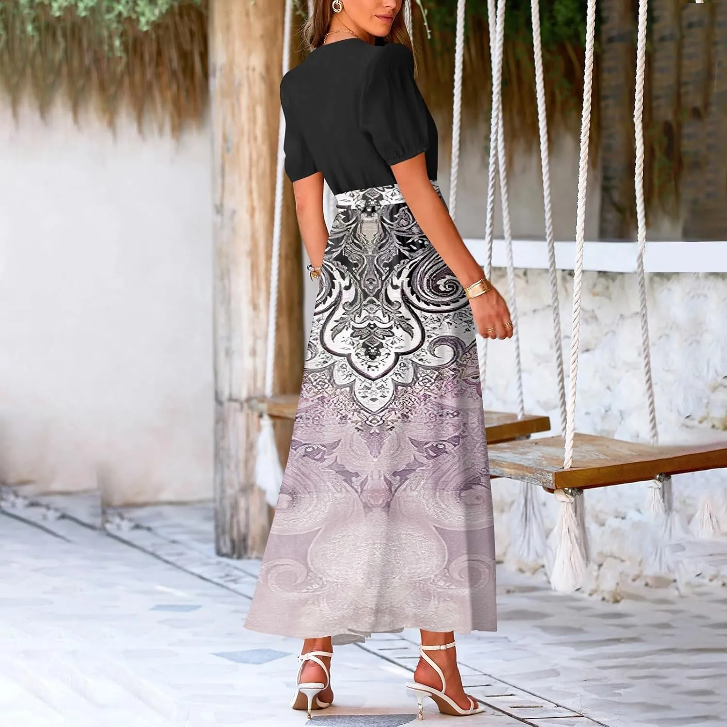 ZEFOTIM Long Flowy Dresses for Women Party Floral Dress Short Sleeve V Neck Dresses with Slit