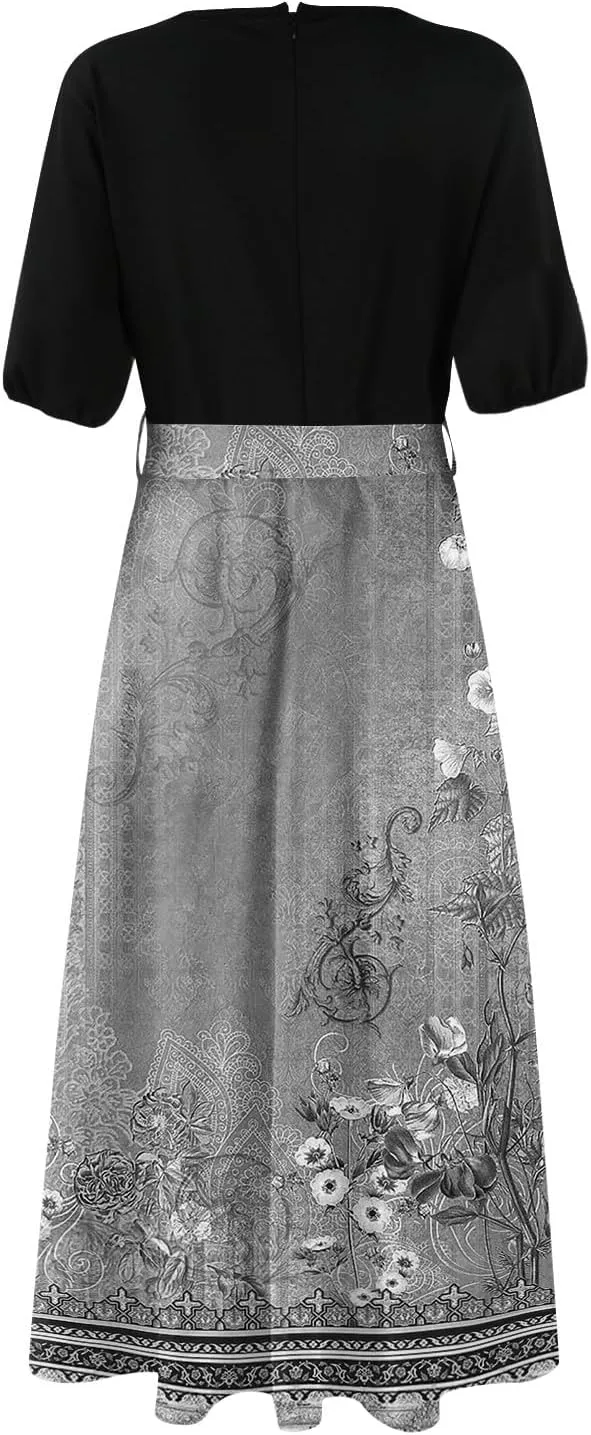 ZEFOTIM Long Flowy Dresses for Women Party Floral Dress Short Sleeve V Neck Dresses with Slit