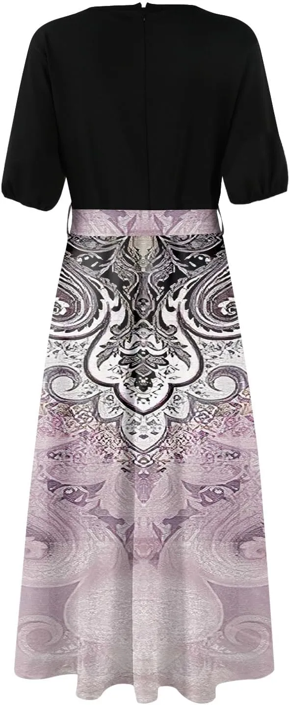 ZEFOTIM Long Flowy Dresses for Women Party Floral Dress Short Sleeve V Neck Dresses with Slit