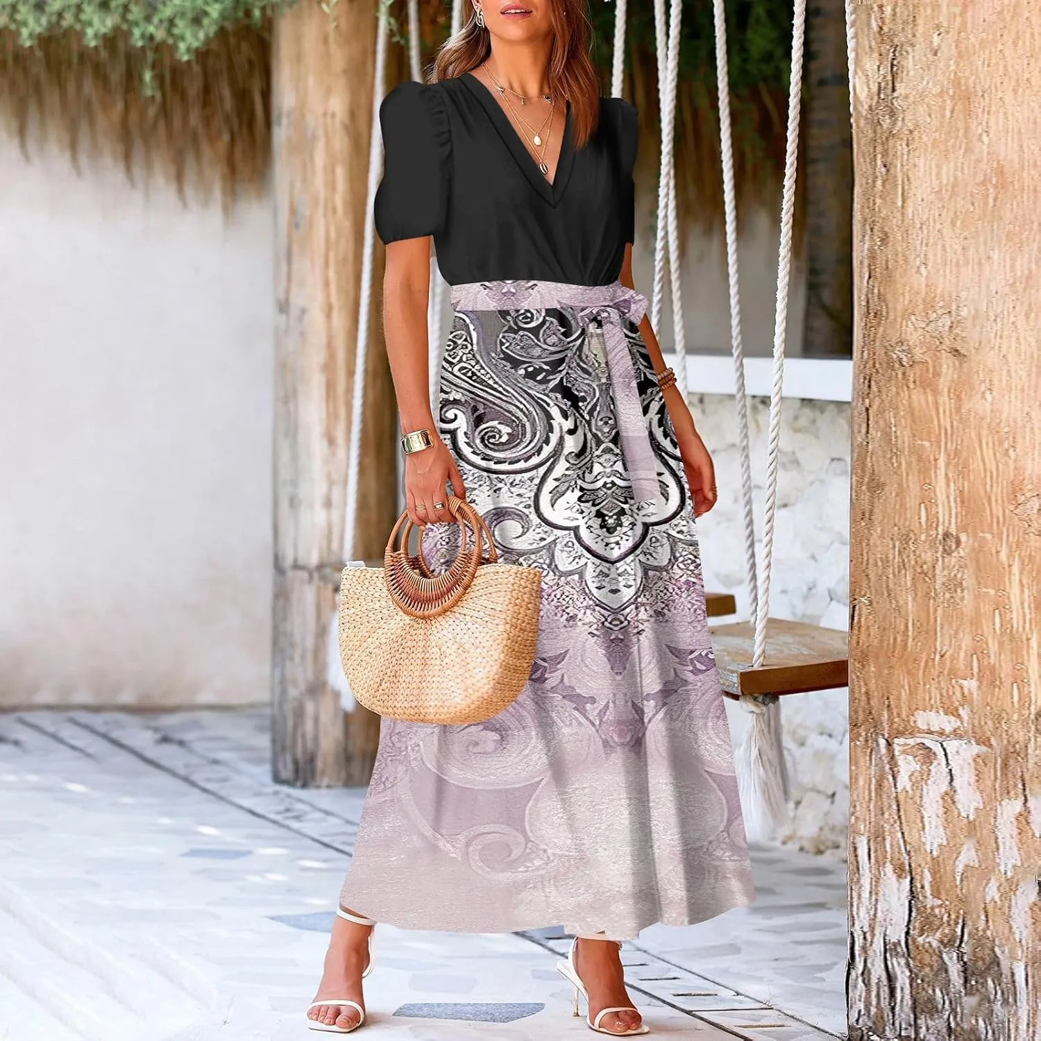 ZEFOTIM Long Flowy Dresses for Women Party Floral Dress Short Sleeve V Neck Dresses with Slit