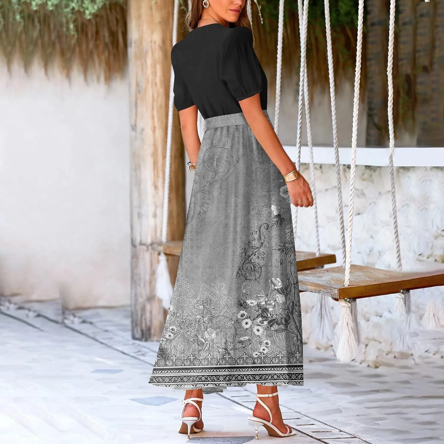 ZEFOTIM Long Flowy Dresses for Women Party Floral Dress Short Sleeve V Neck Dresses with Slit