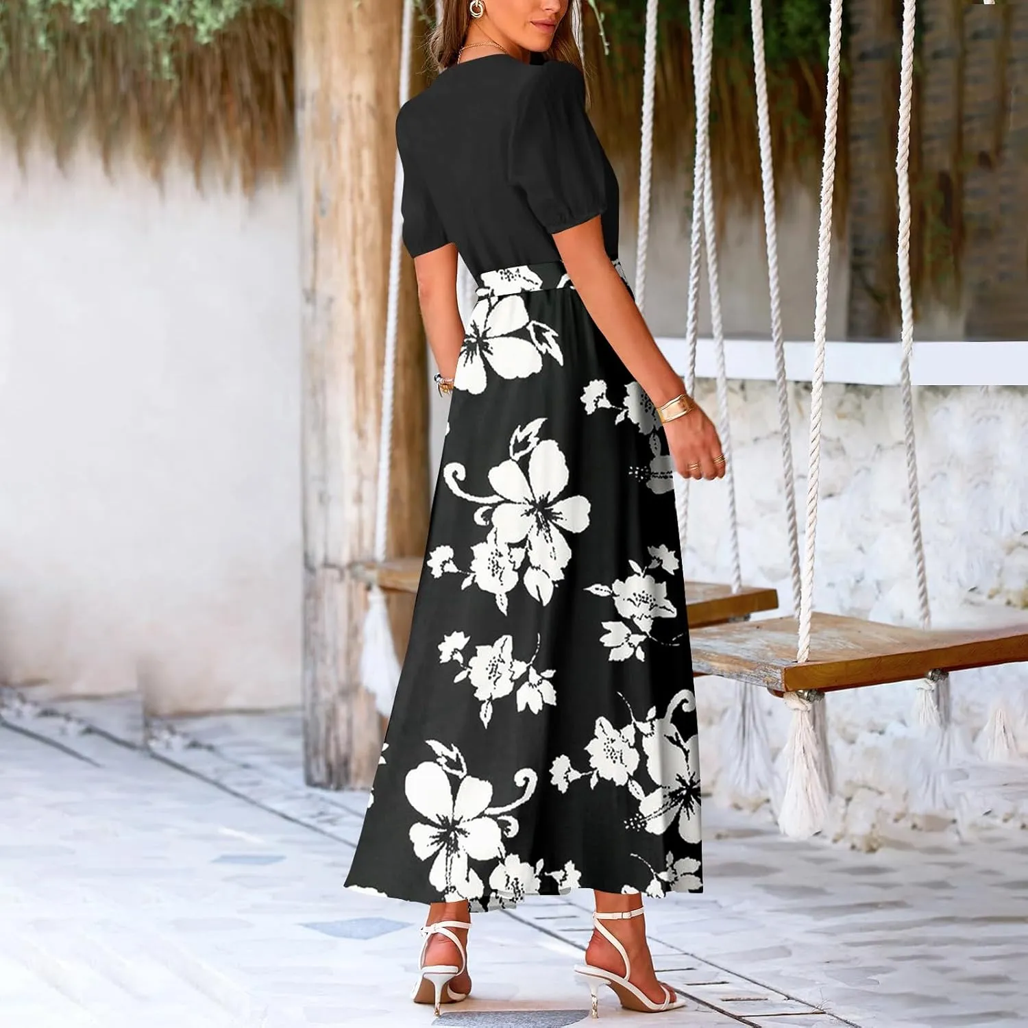 ZEFOTIM Long Flowy Dresses for Women Party Floral Dress Short Sleeve V Neck Dresses with Slit