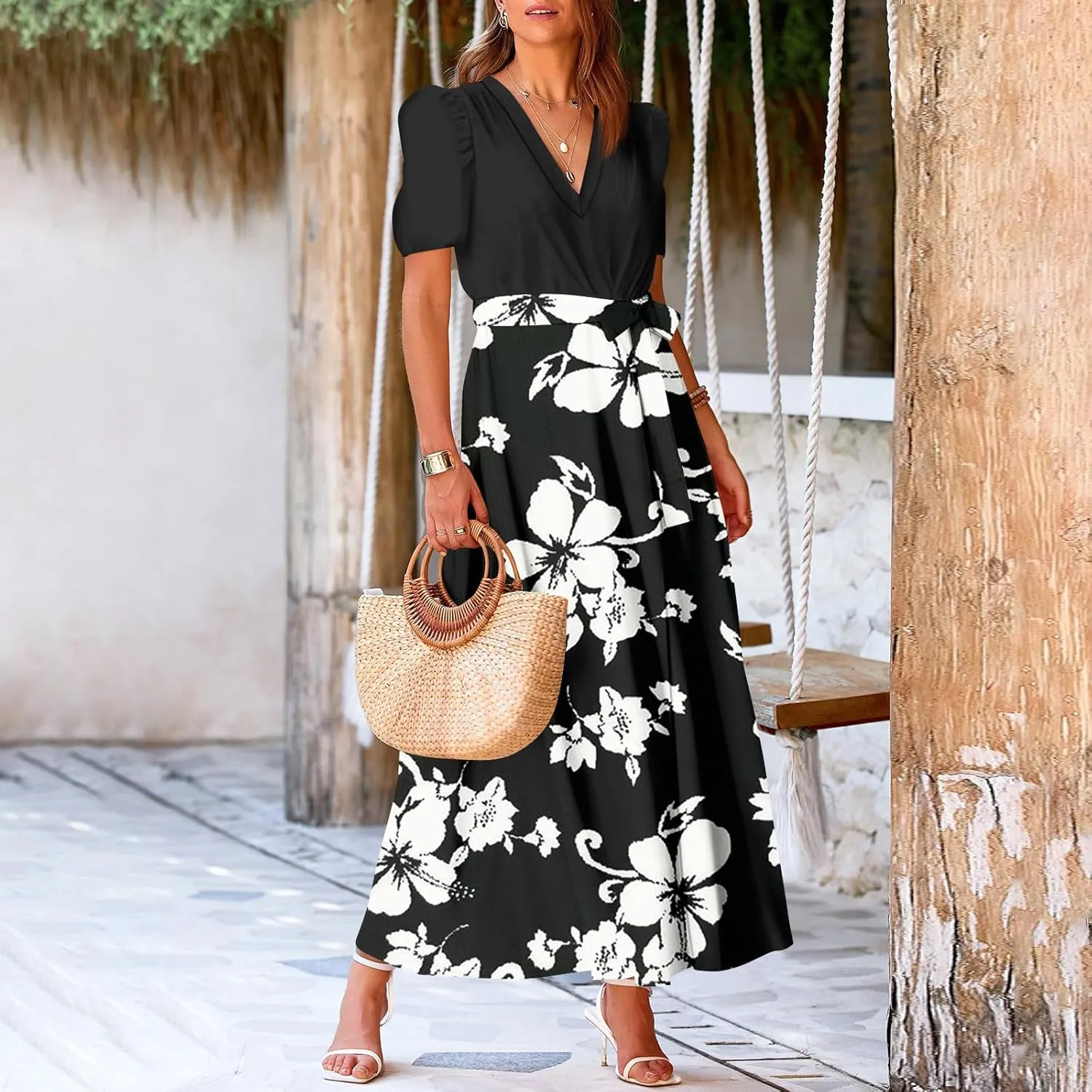 ZEFOTIM Long Flowy Dresses for Women Party Floral Dress Short Sleeve V Neck Dresses with Slit
