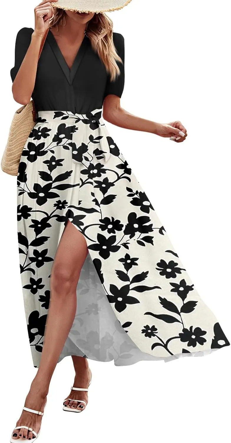 ZEFOTIM Long Flowy Dresses for Women Party Floral Dress Short Sleeve V Neck Dresses with Slit
