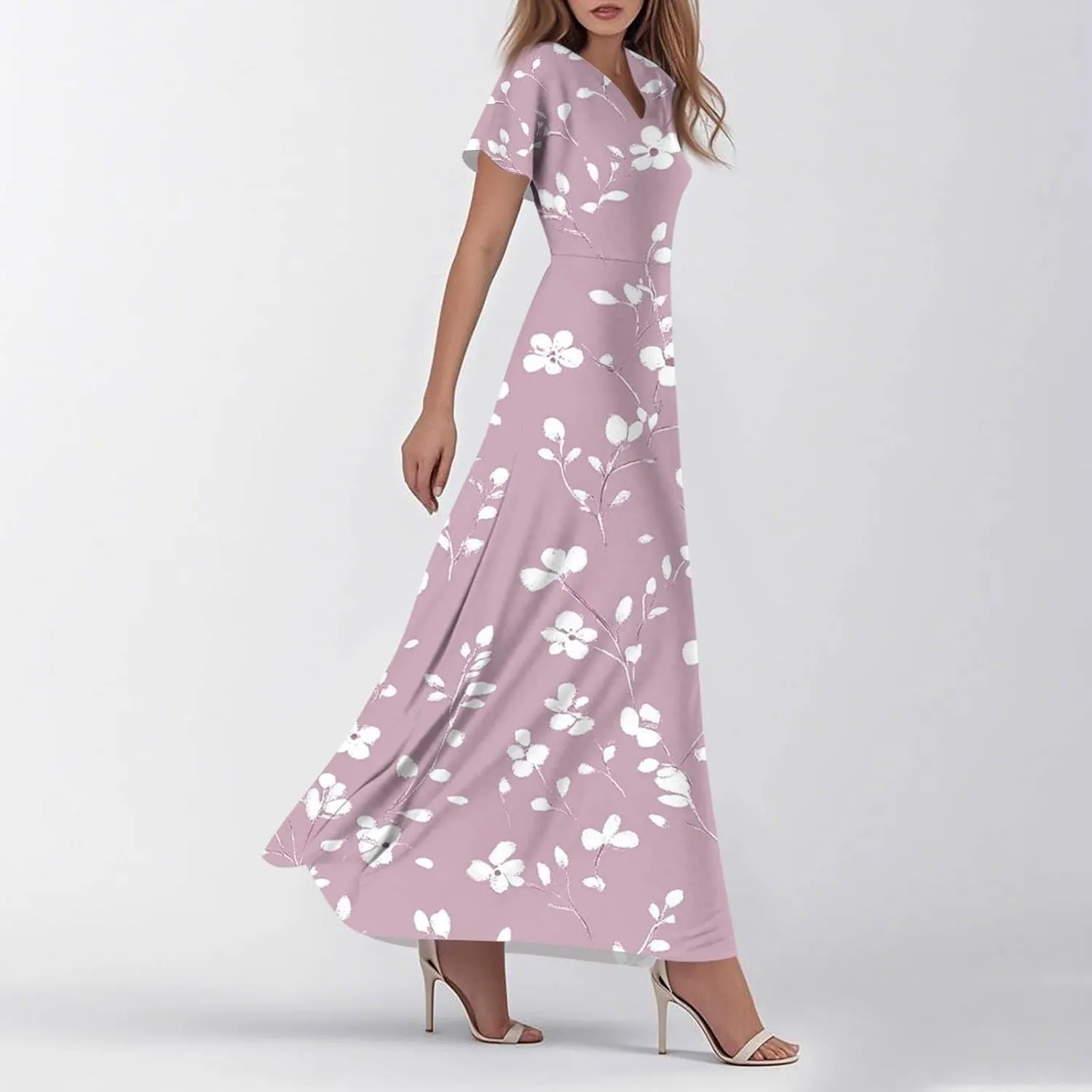 ZEFOTIM Long Maxi Dresses for Women Boho Floral Dress Short Sleeve V Neck Dresses