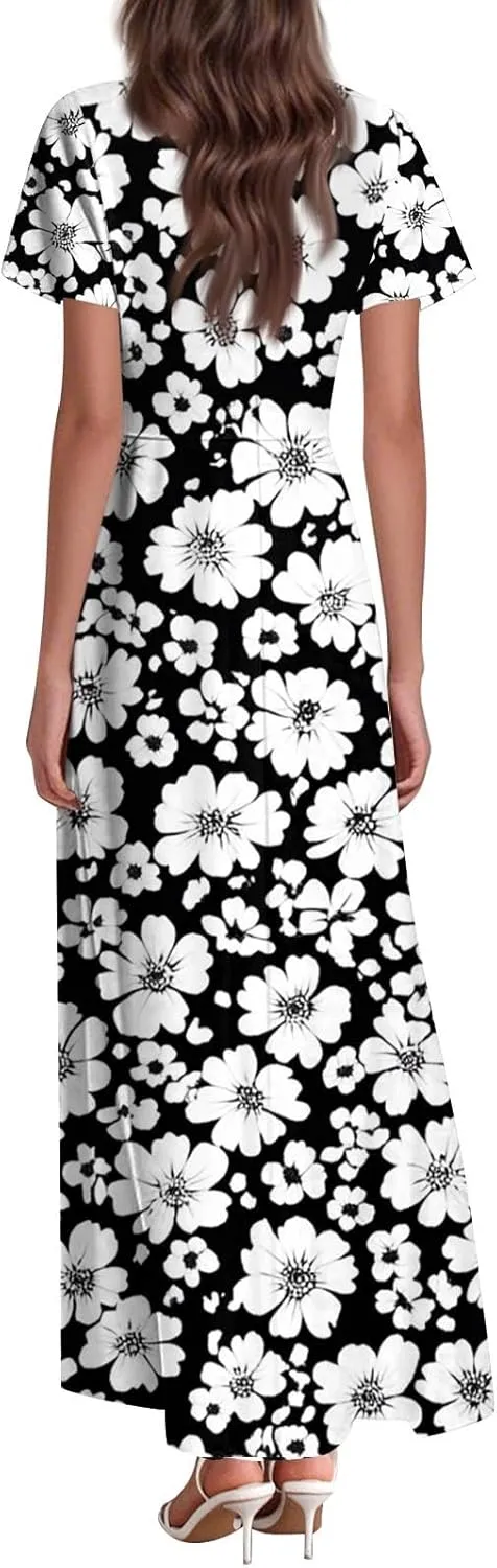 ZEFOTIM Long Maxi Dresses for Women Boho Floral Dress Short Sleeve V Neck Dresses