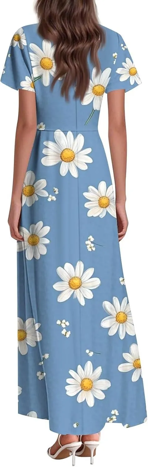 ZEFOTIM Long Maxi Dresses for Women Boho Floral Dress Short Sleeve V Neck Dresses