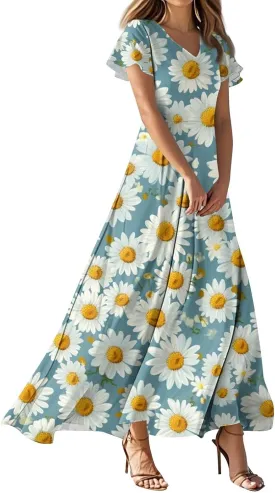 ZEFOTIM Long Maxi Dresses for Women Boho Floral Dress Short Sleeve V Neck Dresses