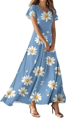 ZEFOTIM Long Maxi Dresses for Women Boho Floral Dress Short Sleeve V Neck Dresses