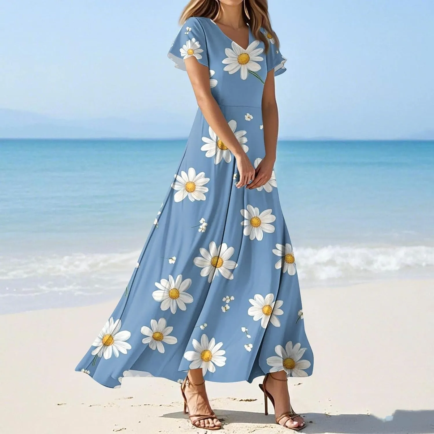 ZEFOTIM Long Maxi Dresses for Women Boho Floral Dress Short Sleeve V Neck Dresses