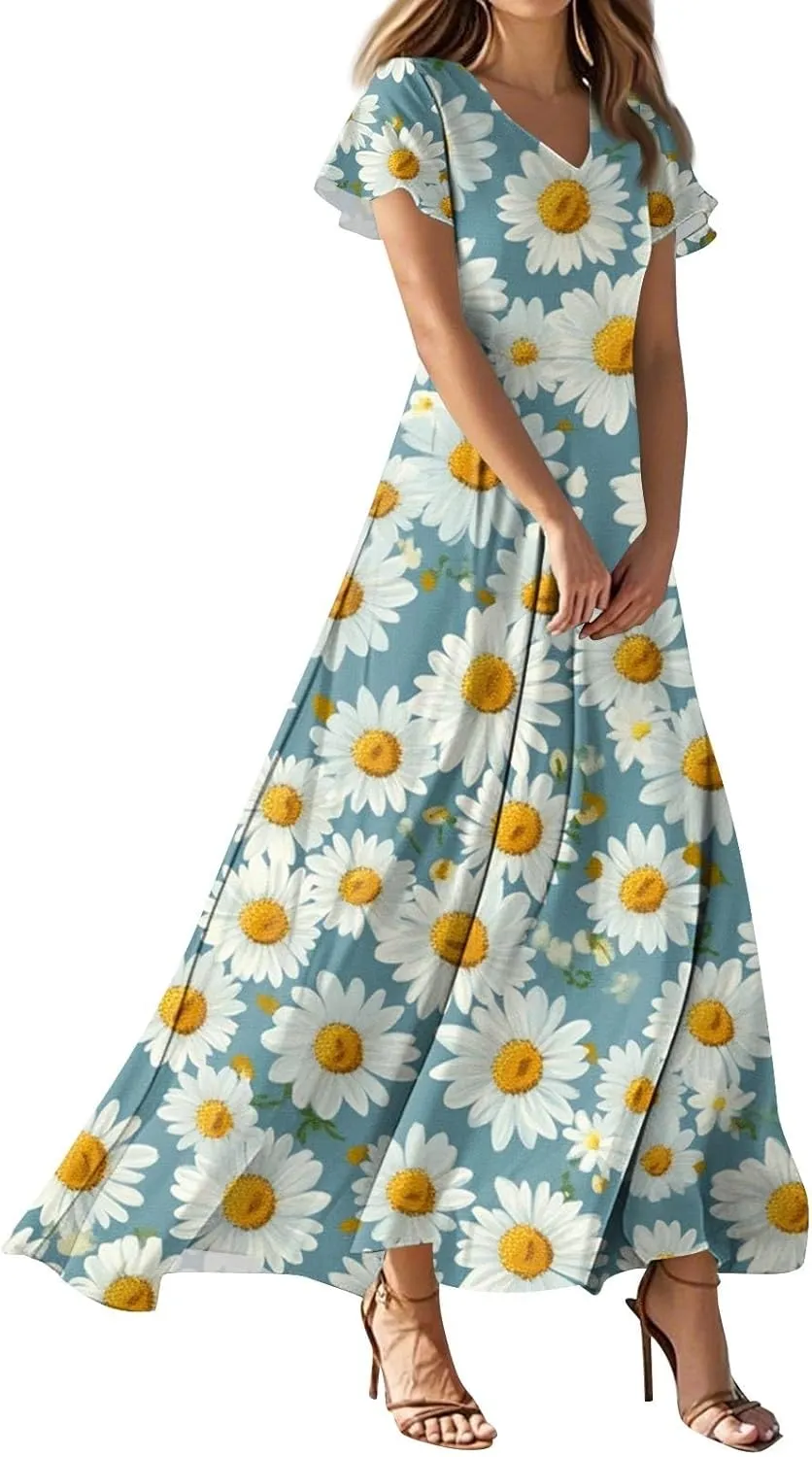ZEFOTIM Long Maxi Dresses for Women Boho Floral Dress Short Sleeve V Neck Dresses
