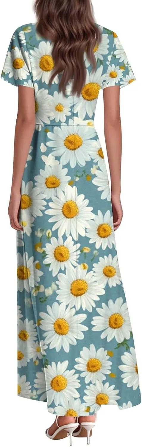 ZEFOTIM Long Maxi Dresses for Women Boho Floral Dress Short Sleeve V Neck Dresses