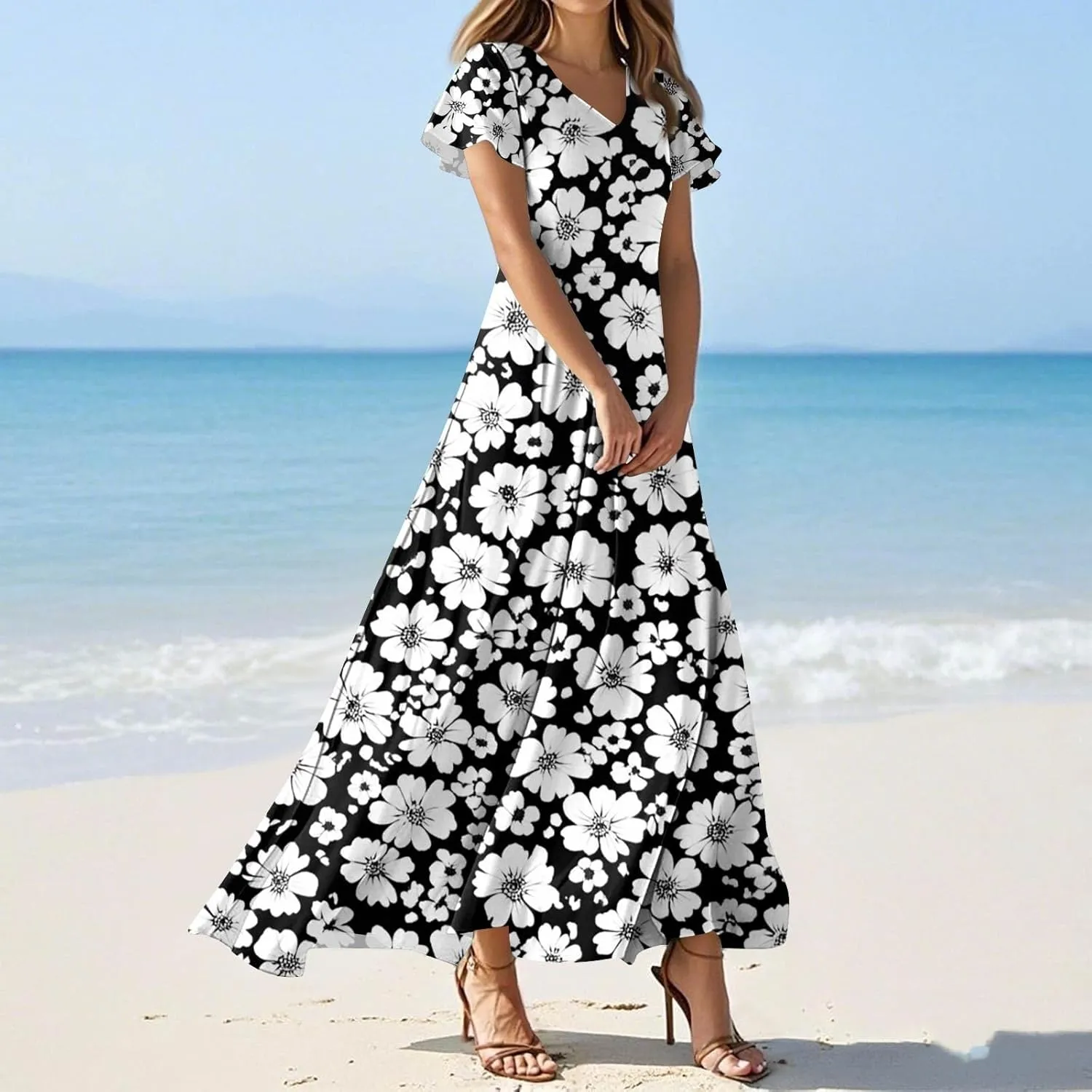ZEFOTIM Long Maxi Dresses for Women Boho Floral Dress Short Sleeve V Neck Dresses