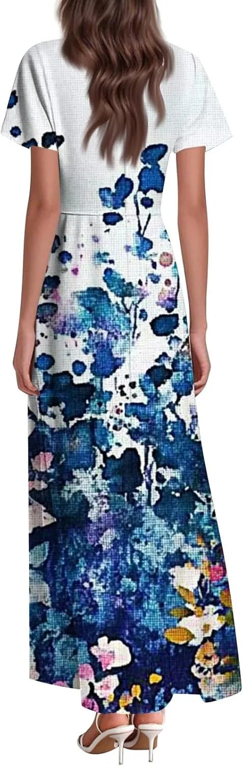 ZEFOTIM Long Maxi Dresses for Women Boho Floral Dress Short Sleeve V Neck Dresses
