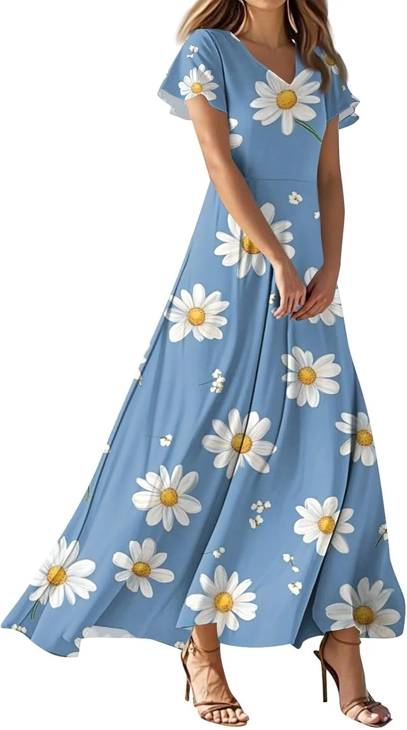 ZEFOTIM Long Maxi Dresses for Women Boho Floral Dress Short Sleeve V Neck Dresses