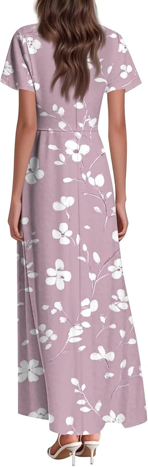 ZEFOTIM Long Maxi Dresses for Women Boho Floral Dress Short Sleeve V Neck Dresses