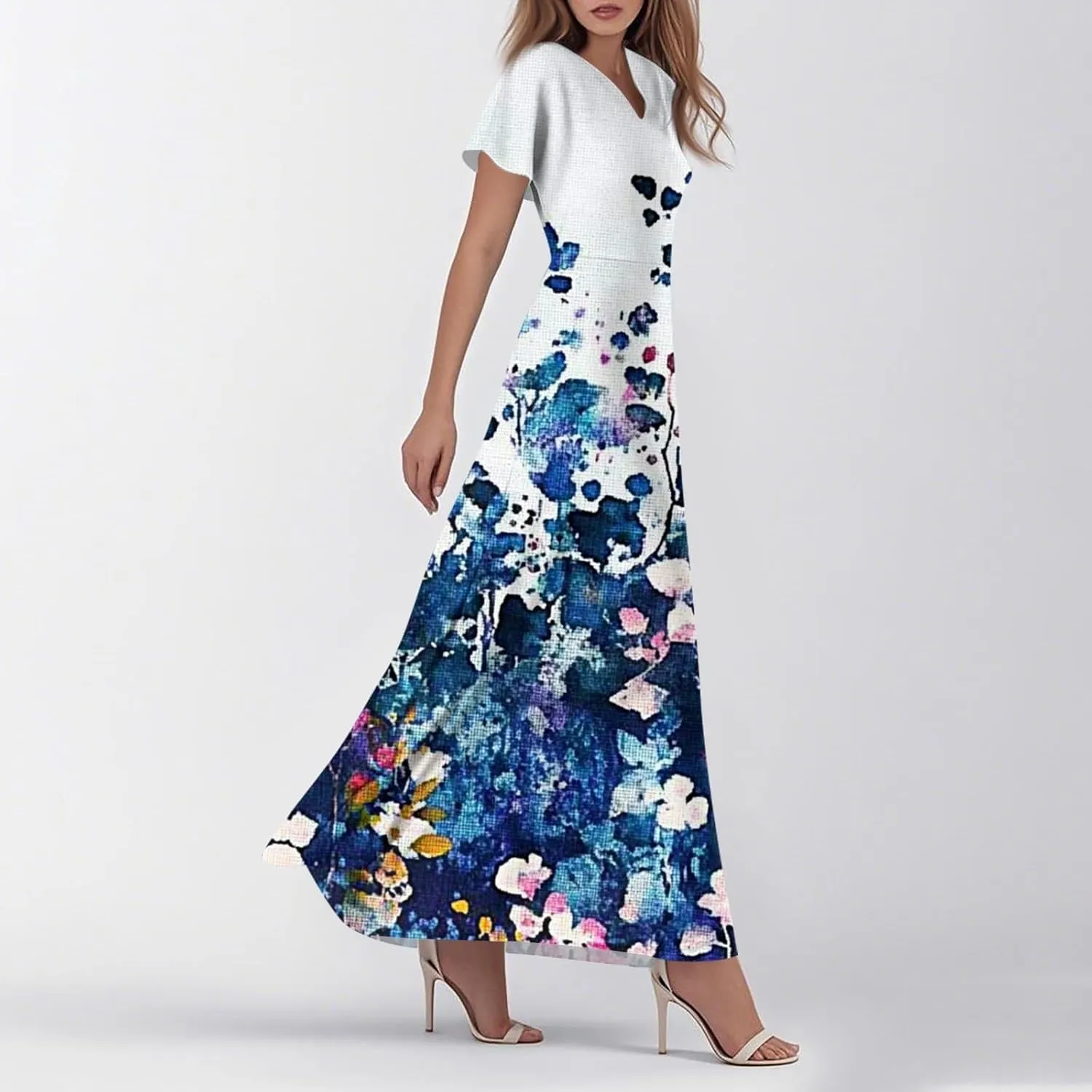 ZEFOTIM Long Maxi Dresses for Women Boho Floral Dress Short Sleeve V Neck Dresses