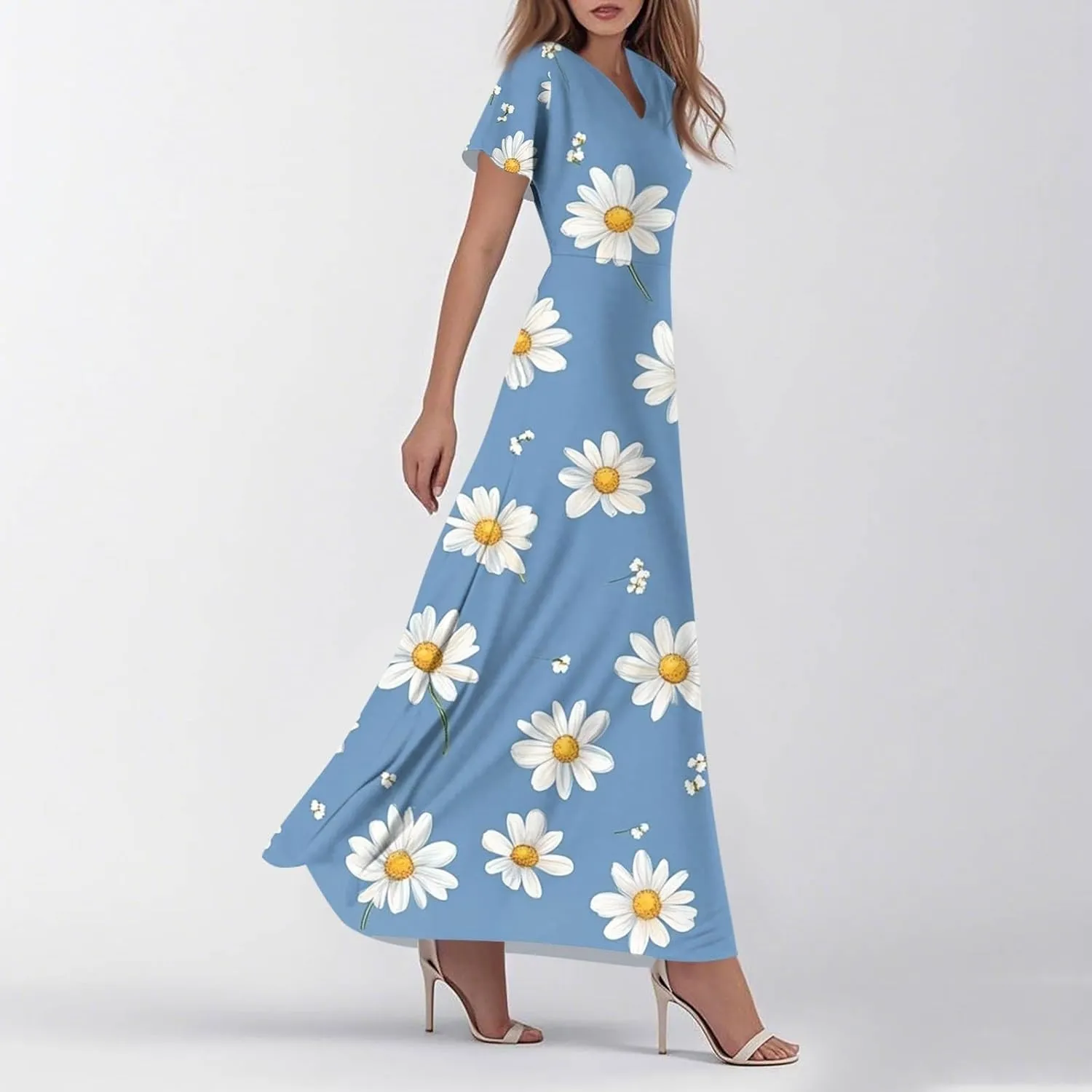 ZEFOTIM Long Maxi Dresses for Women Boho Floral Dress Short Sleeve V Neck Dresses
