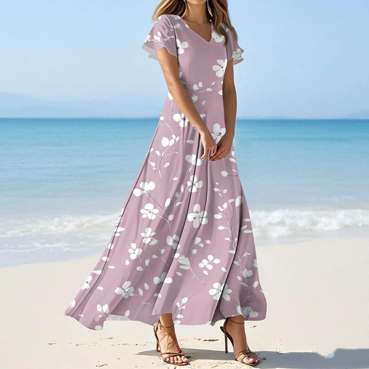 ZEFOTIM Long Maxi Dresses for Women Boho Floral Dress Short Sleeve V Neck Dresses
