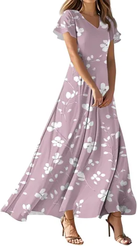 ZEFOTIM Long Maxi Dresses for Women Boho Floral Dress Short Sleeve V Neck Dresses