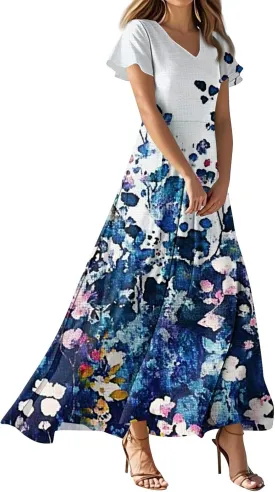 ZEFOTIM Long Maxi Dresses for Women Boho Floral Dress Short Sleeve V Neck Dresses