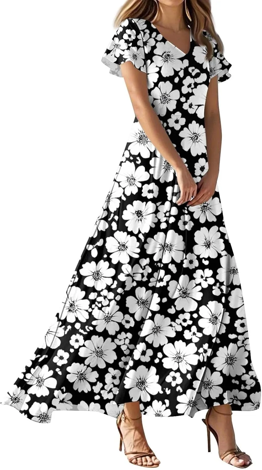 ZEFOTIM Long Maxi Dresses for Women Boho Floral Dress Short Sleeve V Neck Dresses