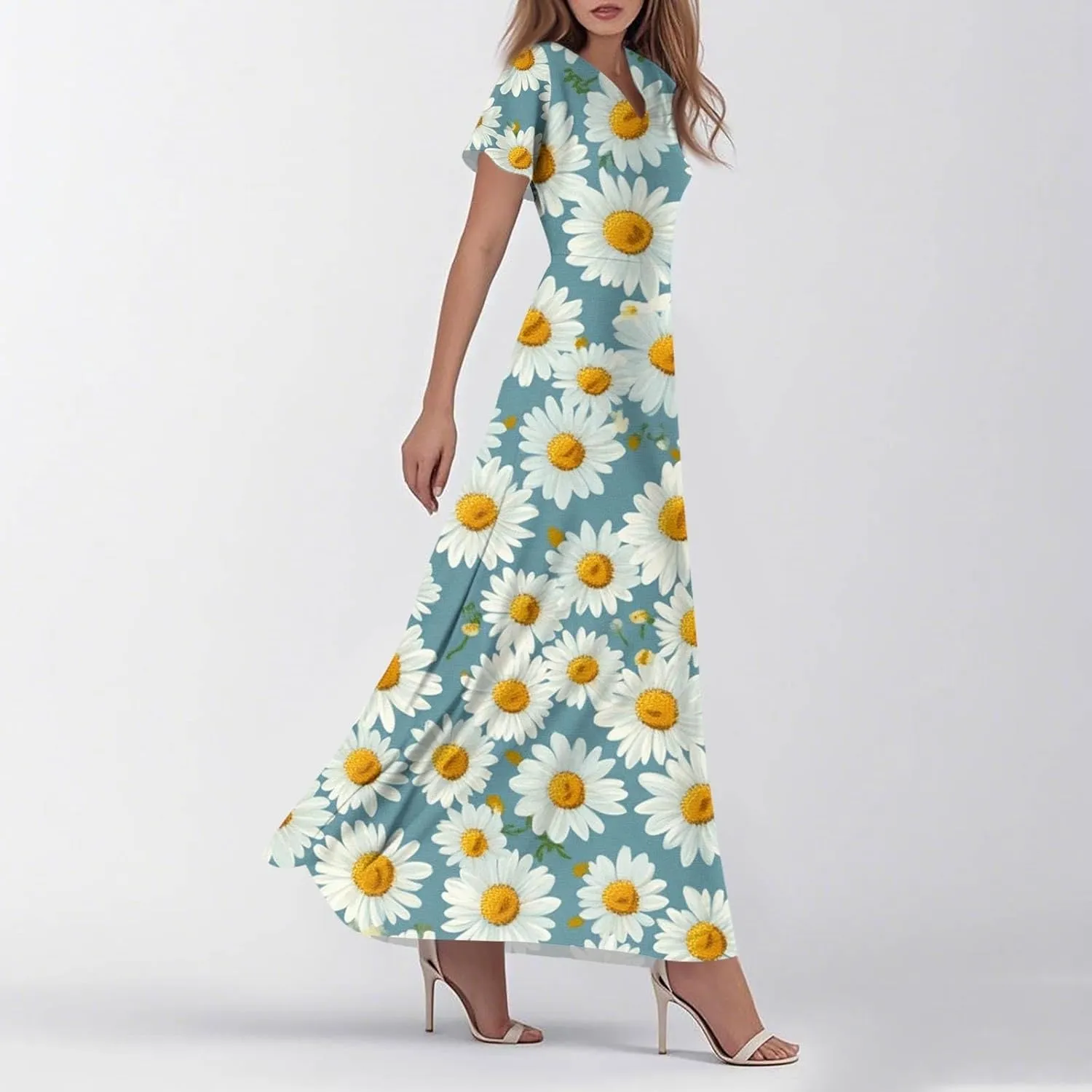 ZEFOTIM Long Maxi Dresses for Women Boho Floral Dress Short Sleeve V Neck Dresses