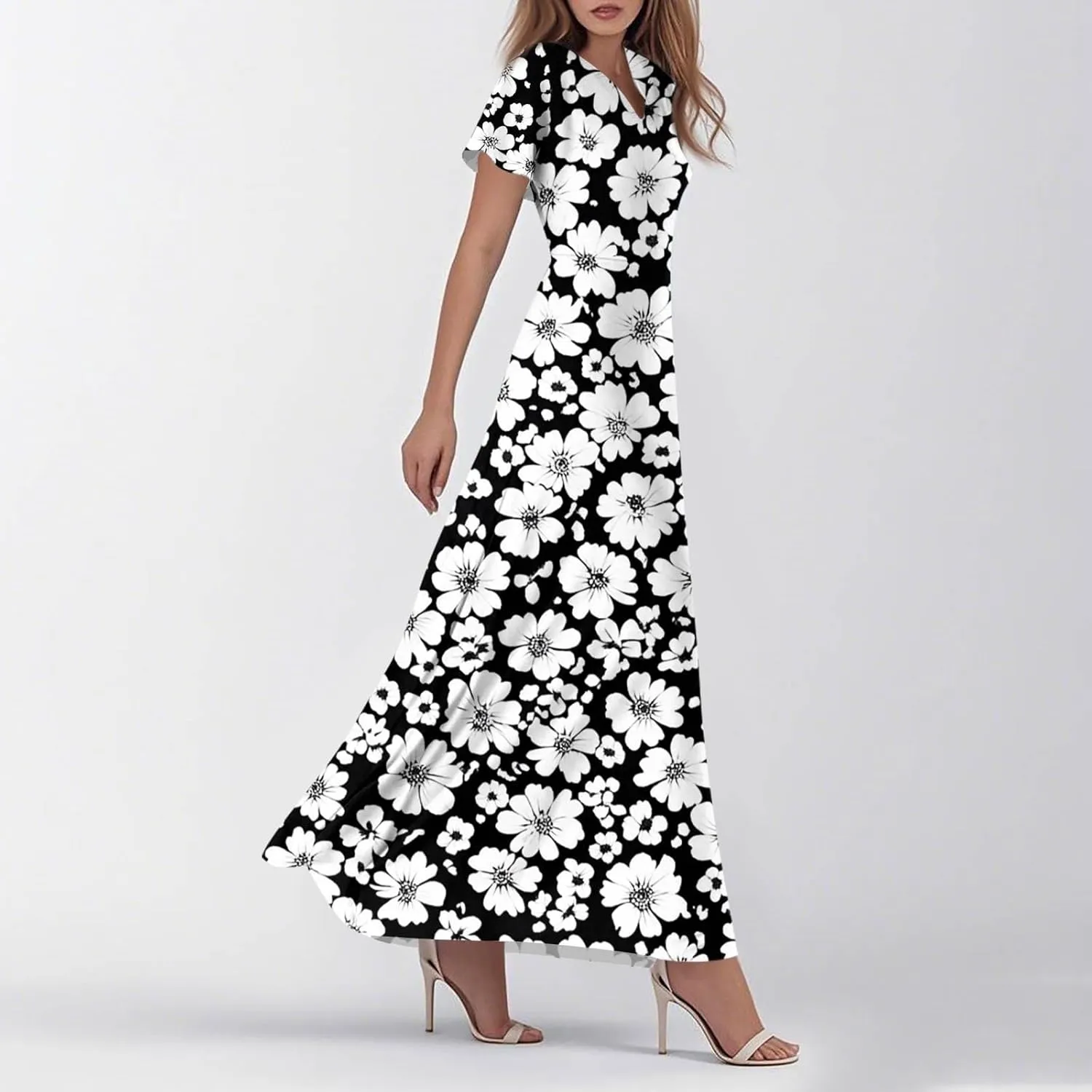ZEFOTIM Long Maxi Dresses for Women Boho Floral Dress Short Sleeve V Neck Dresses