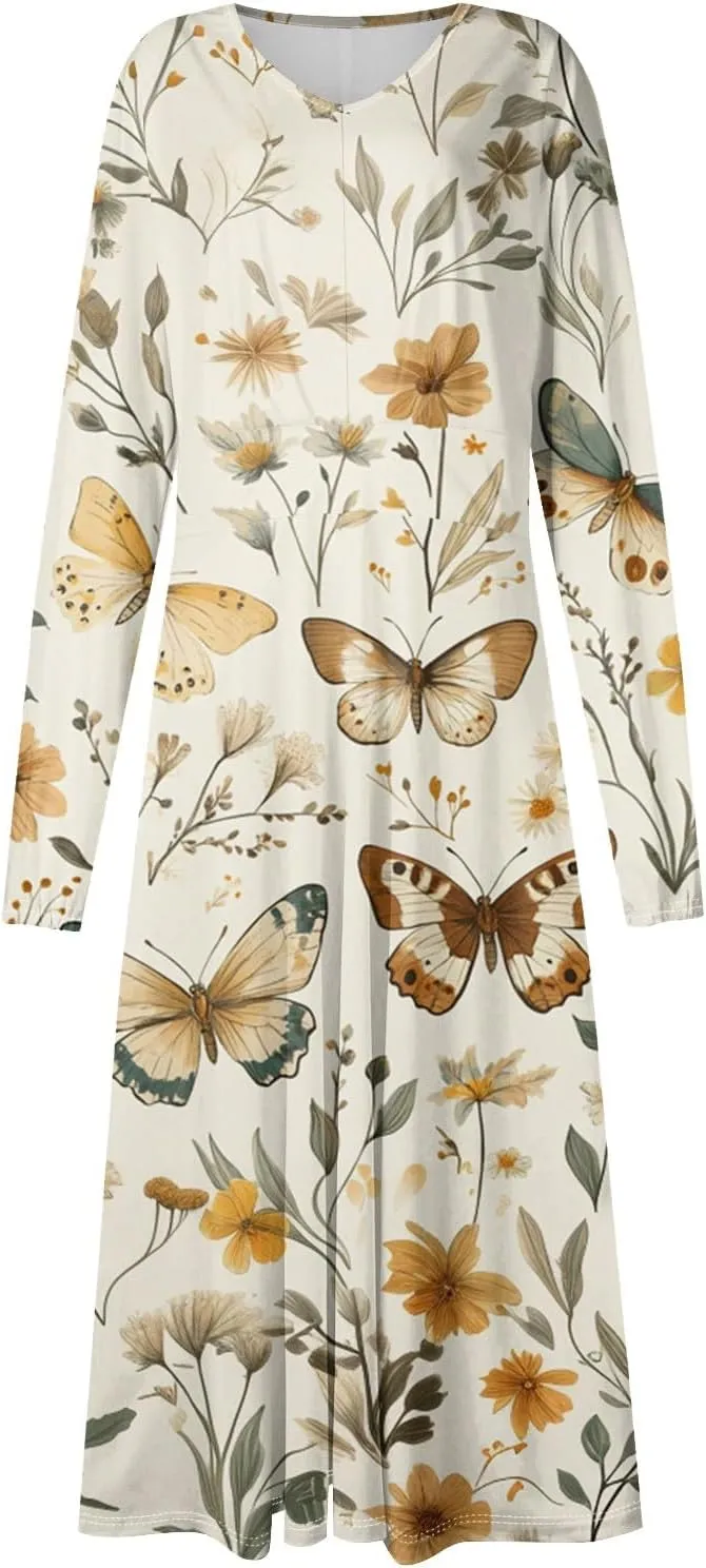 ZEFOTIM Long Sleeve Dress for Women Comfy V Neck Cute Floral Dresses Spring Summer Dresses
