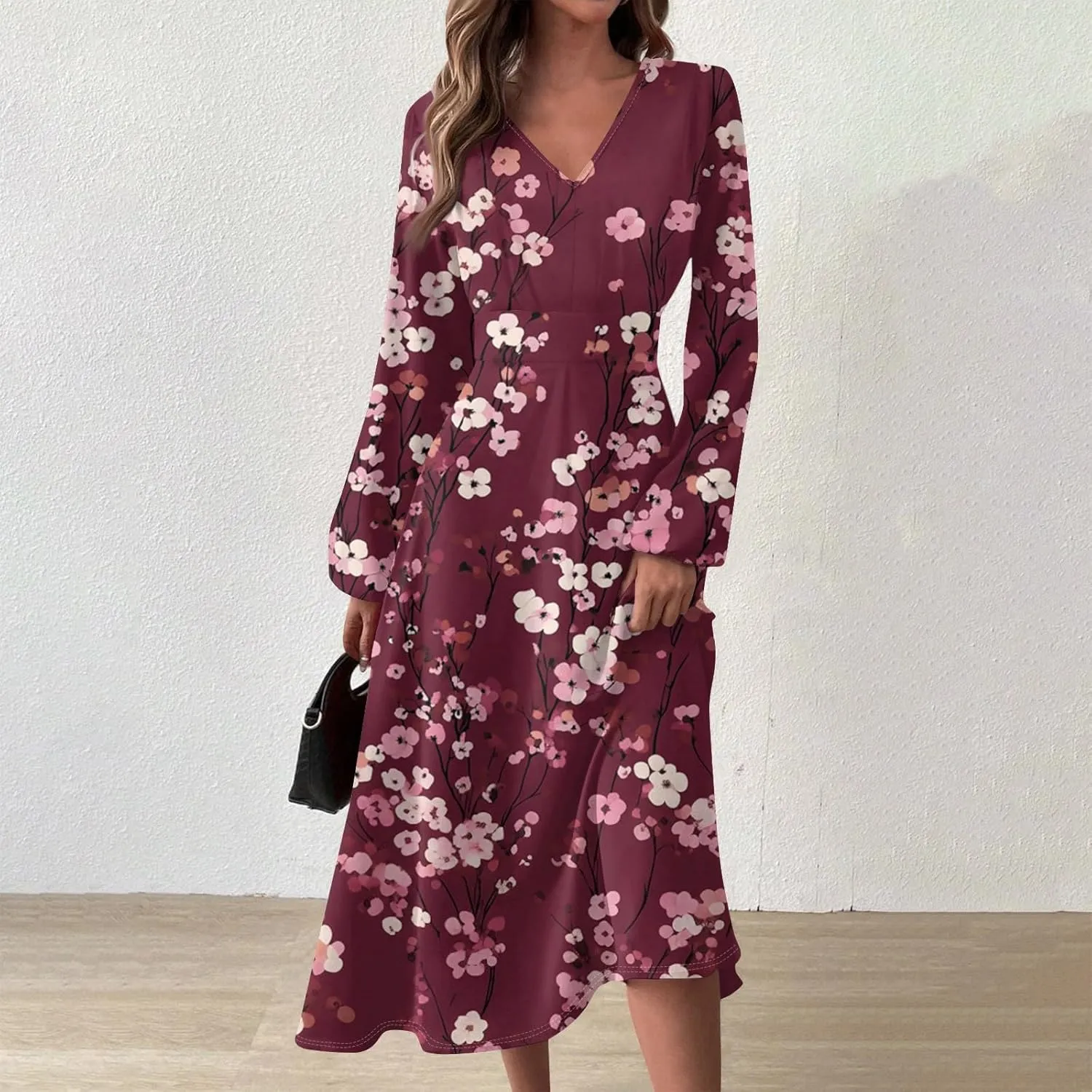 ZEFOTIM Long Sleeve Dress for Women Comfy V Neck Cute Floral Dresses Spring Summer Dresses