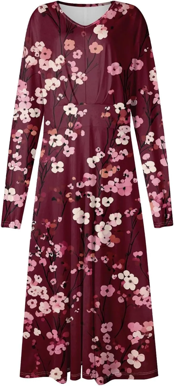 ZEFOTIM Long Sleeve Dress for Women Comfy V Neck Cute Floral Dresses Spring Summer Dresses
