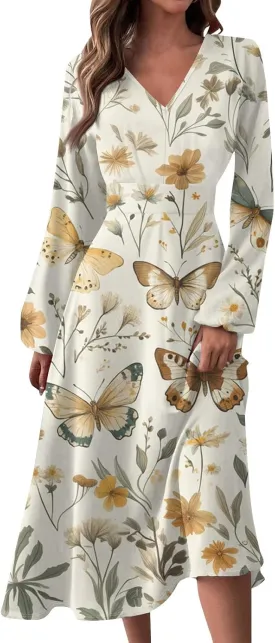 ZEFOTIM Long Sleeve Dress for Women Comfy V Neck Cute Floral Dresses Spring Summer Dresses