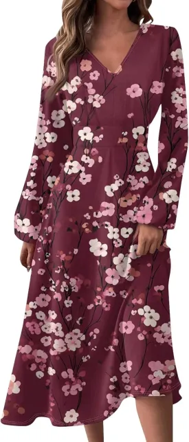 ZEFOTIM Long Sleeve Dress for Women Comfy V Neck Cute Floral Dresses Spring Summer Dresses