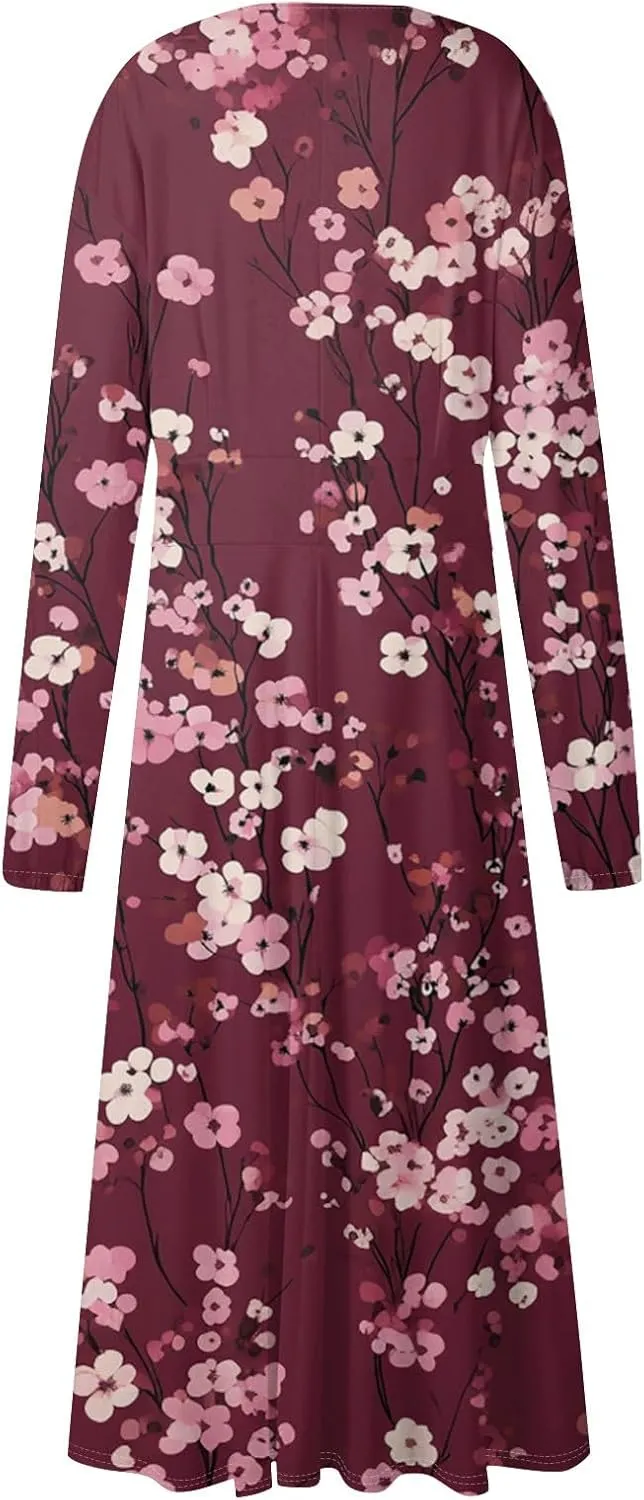 ZEFOTIM Long Sleeve Dress for Women Comfy V Neck Cute Floral Dresses Spring Summer Dresses