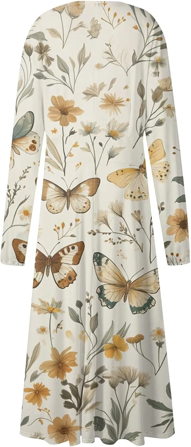 ZEFOTIM Long Sleeve Dress for Women Comfy V Neck Cute Floral Dresses Spring Summer Dresses