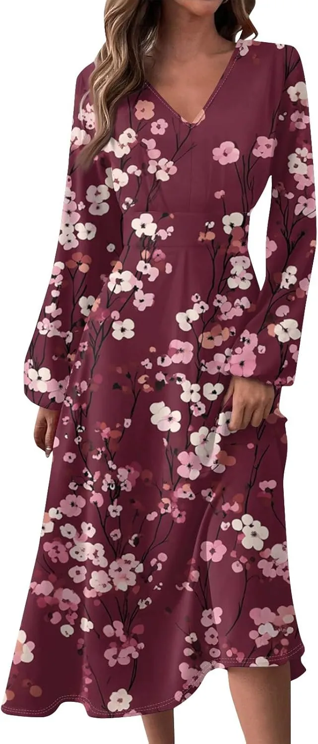 ZEFOTIM Long Sleeve Dress for Women Comfy V Neck Cute Floral Dresses Spring Summer Dresses