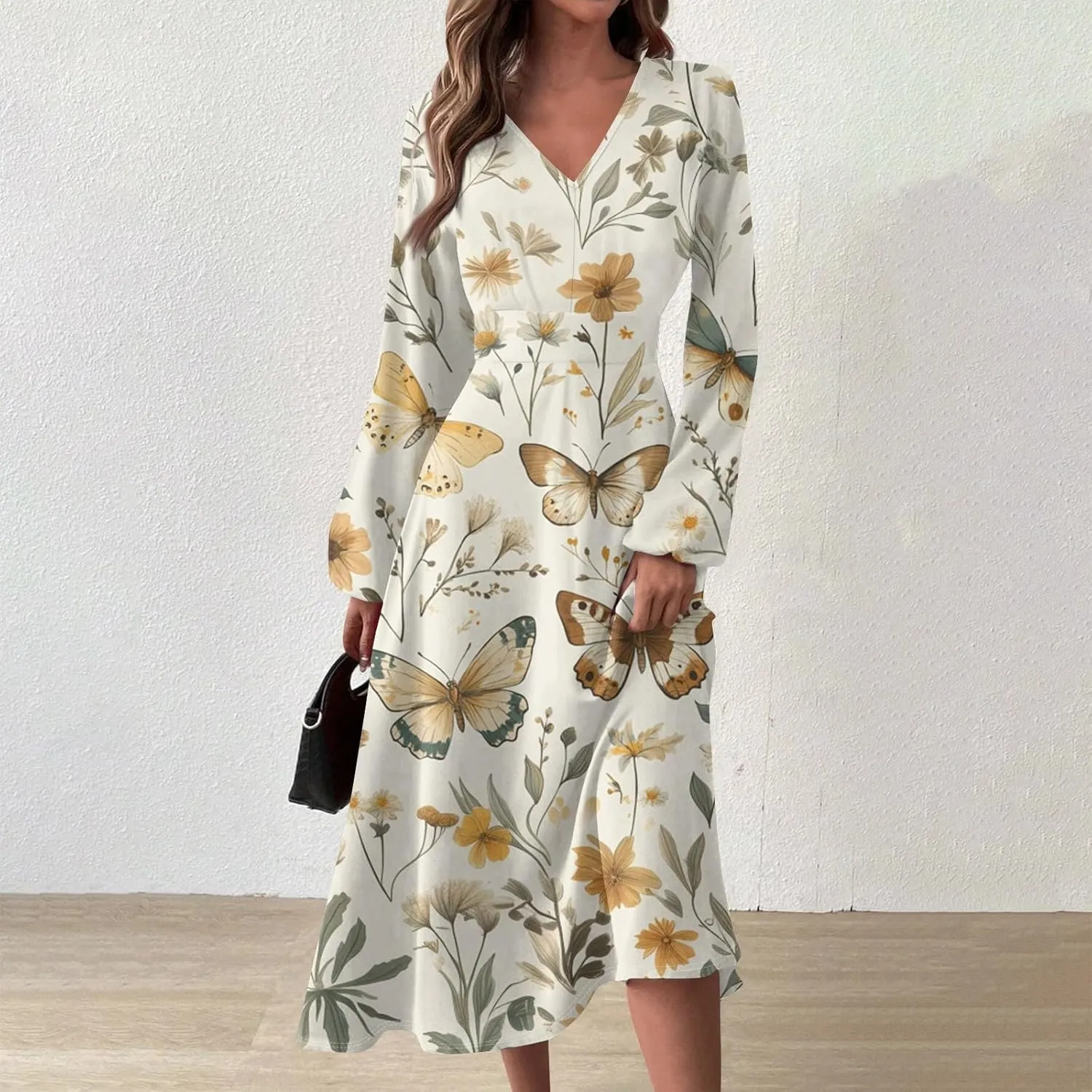 ZEFOTIM Long Sleeve Dress for Women Comfy V Neck Cute Floral Dresses Spring Summer Dresses