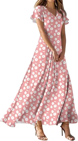 ZEFOTIM Maxi Dress for Women Sexy Floral Dress Short Sleeve V Neck Dresses