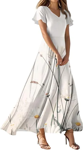 ZEFOTIM Maxi Dress for Women Sexy Floral Dress Short Sleeve V Neck Dresses