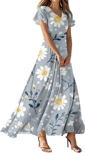 ZEFOTIM Maxi Dress for Women Sexy Floral Dress Short Sleeve V Neck Dresses