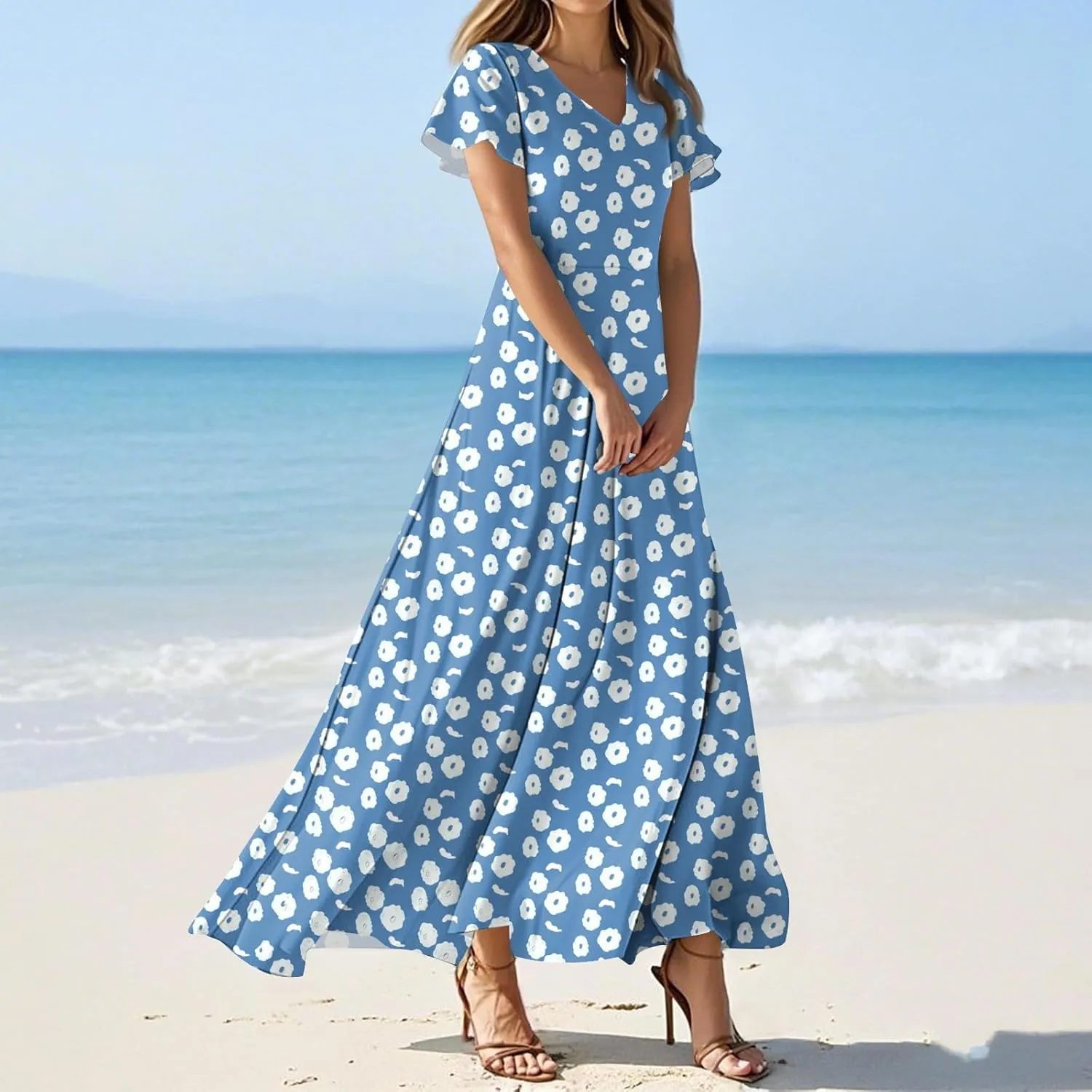 ZEFOTIM Maxi Dress for Women Sexy Floral Dress Short Sleeve V Neck Dresses