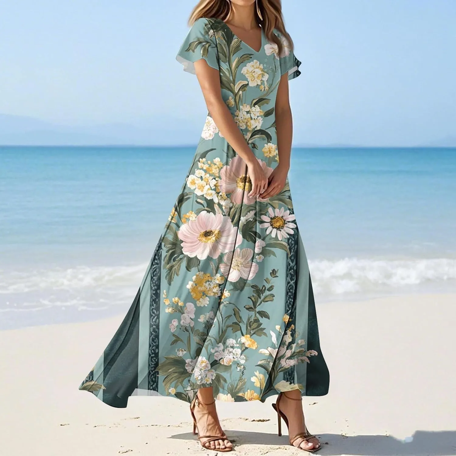 ZEFOTIM Maxi Dress for Women Sexy Floral Dress Short Sleeve V Neck Dresses