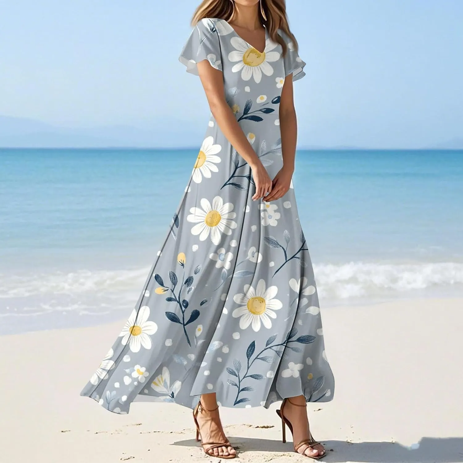 ZEFOTIM Maxi Dress for Women Sexy Floral Dress Short Sleeve V Neck Dresses