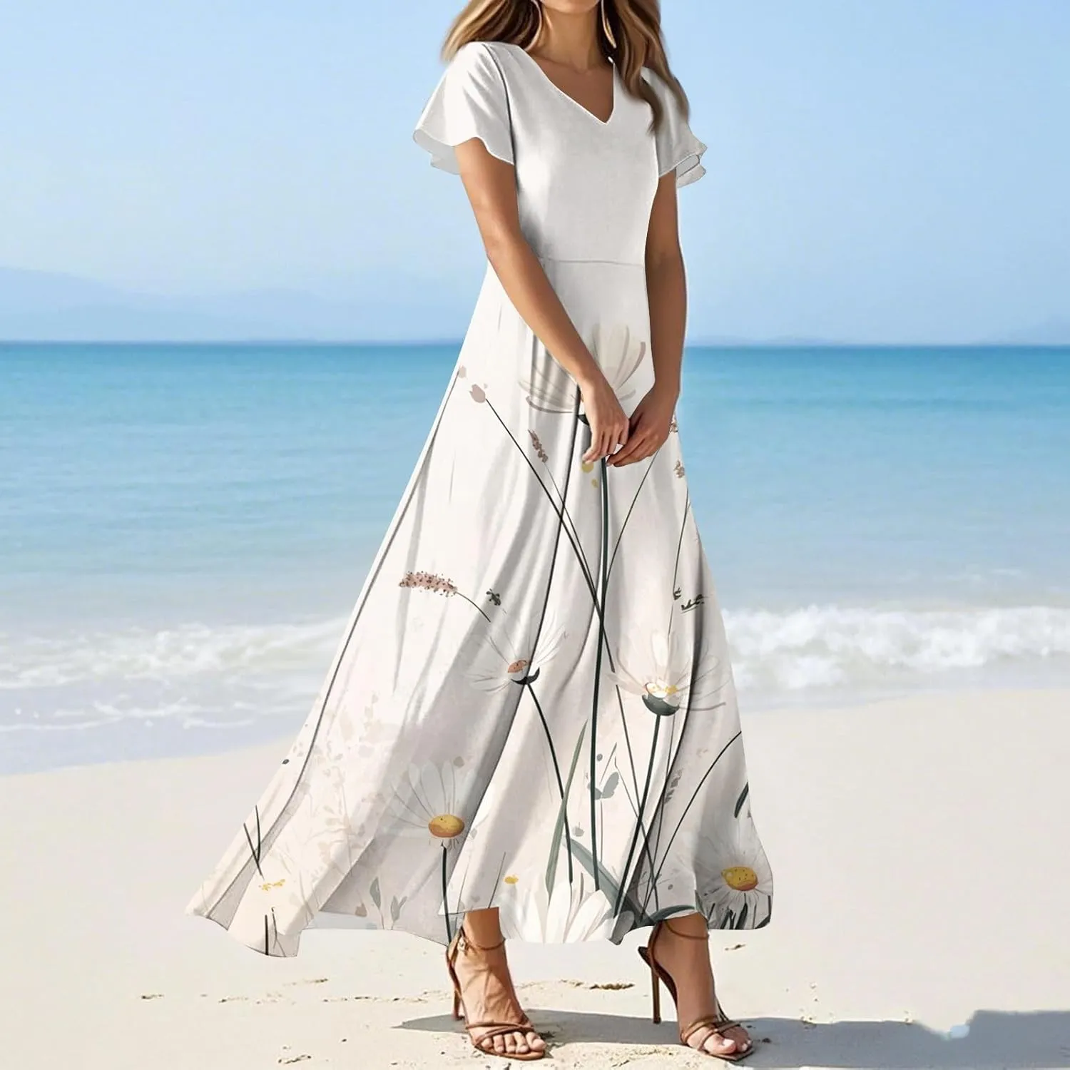 ZEFOTIM Maxi Dress for Women Sexy Floral Dress Short Sleeve V Neck Dresses