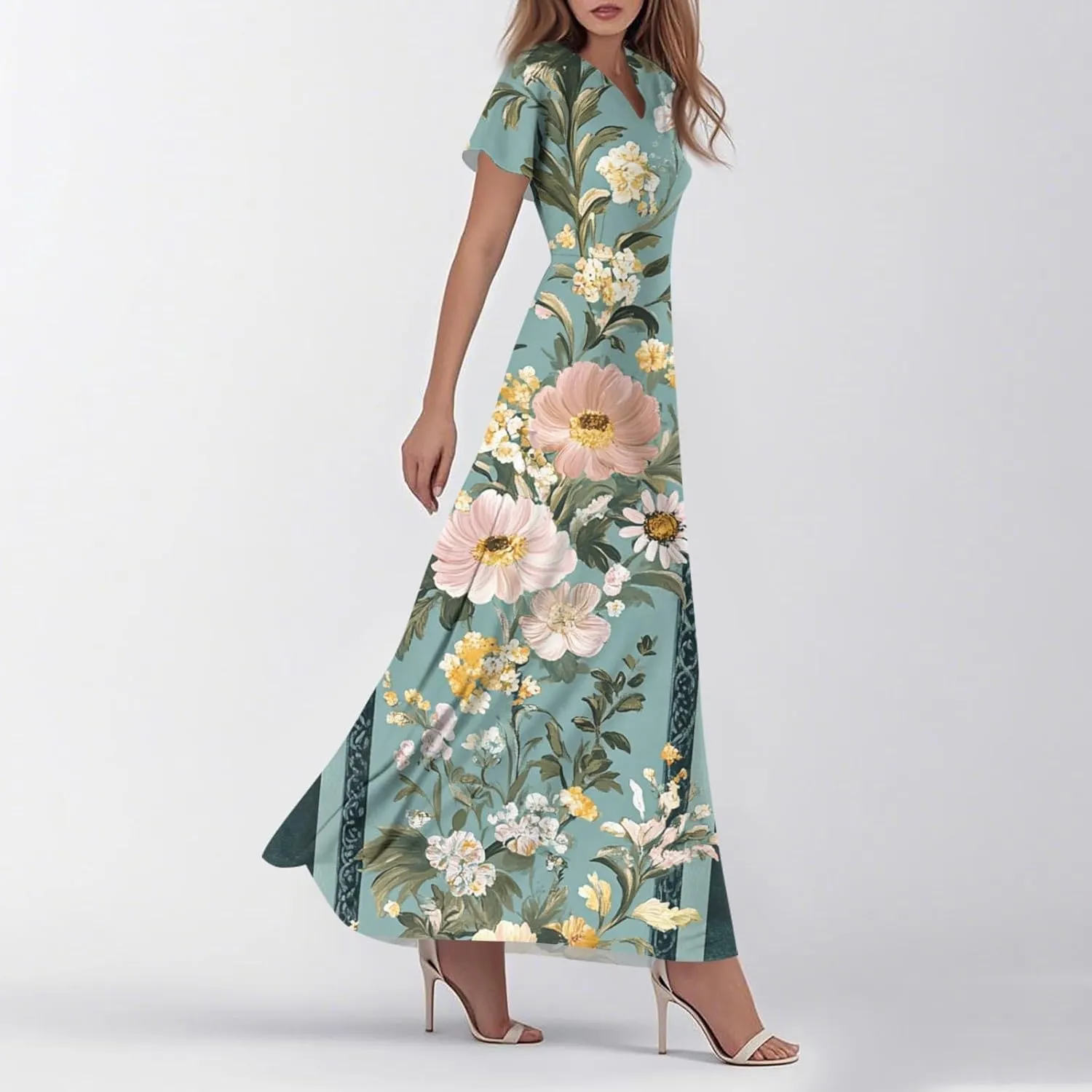 ZEFOTIM Maxi Dress for Women Sexy Floral Dress Short Sleeve V Neck Dresses