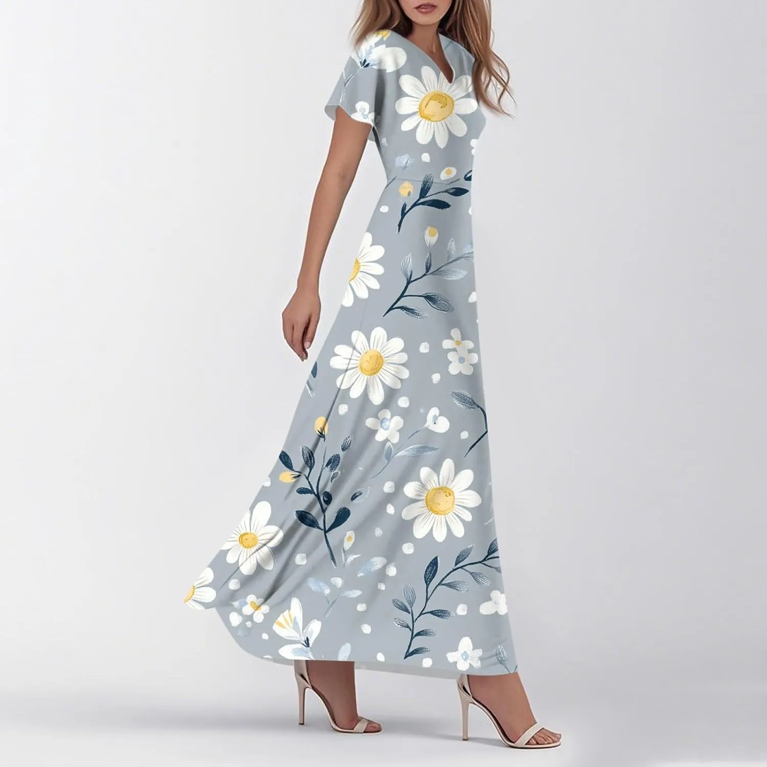 ZEFOTIM Maxi Dress for Women Sexy Floral Dress Short Sleeve V Neck Dresses