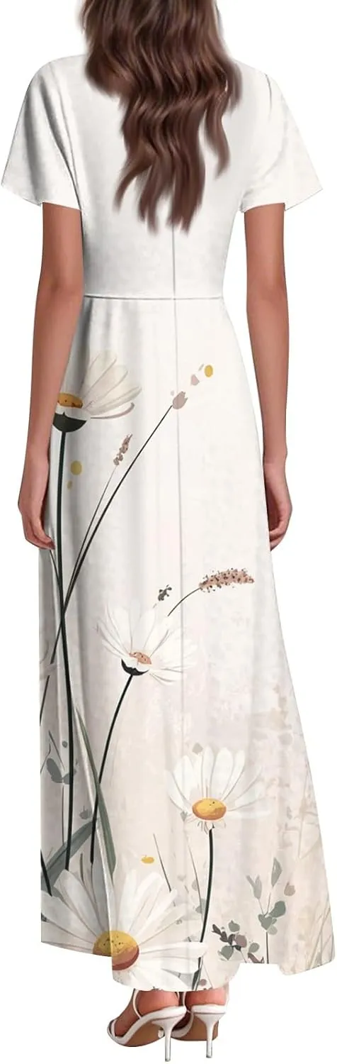 ZEFOTIM Maxi Dress for Women Sexy Floral Dress Short Sleeve V Neck Dresses