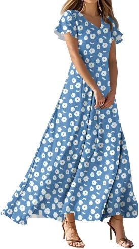 ZEFOTIM Maxi Dress for Women Sexy Floral Dress Short Sleeve V Neck Dresses
