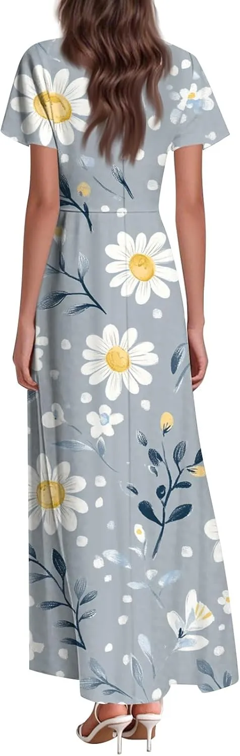ZEFOTIM Maxi Dress for Women Sexy Floral Dress Short Sleeve V Neck Dresses